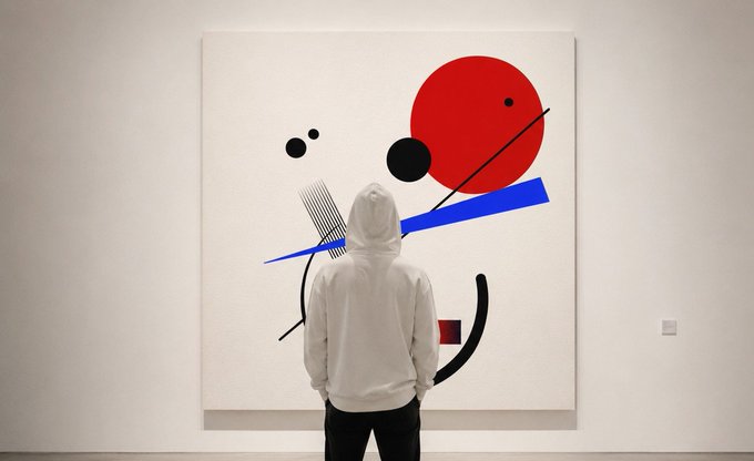 A person wearing a white hoodie stands viewing a large abstract painting in a gallery, with the canvas displaying a red circle, black geometric shapes, and a blue rectangle on a white background.