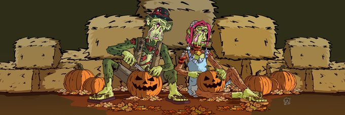 A cartoon illustration of two zombie-like scarecrows sitting on hay bales among carved pumpkins, with one carving a jack-o'-lantern.