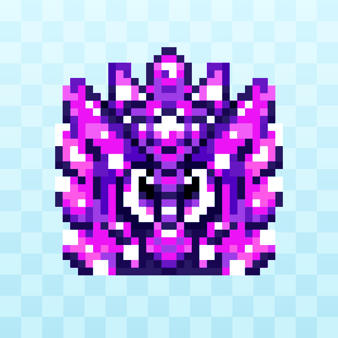 A pixelated, symmetrical "Blupet" creature rendered in vibrant shades of magenta, purple, and white is displayed against a light blue checkered background, with the caption noting that this particular Blupet (ID #1992) was sold for 0.0695 ETH ($109) between the addresses 0x76f5...b6d7 and 0x0b78...d9ae.