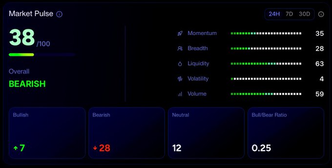 A cryptocurrency market analytics dashboard titled 'Market Pulse' showing a score of '38/100' with an overall 'BEARISH' rating, displaying metrics for Momentum (35), Breadth (28), Liquidity (63), Volatility (4), and Volume (59), with 7 Bullish, 28 Bearish, 12 Neutral, and a Bull/Bear Ratio of 0.25.