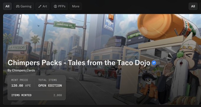The image features a poster for a video game called "Chimps Packs" with a cartoon character of a man holding an orange soda can, which appears to be a promotional item or advertisement for the game. The poster also includes text that reads "Chimps Packs - Tales from the Taco Dojo".