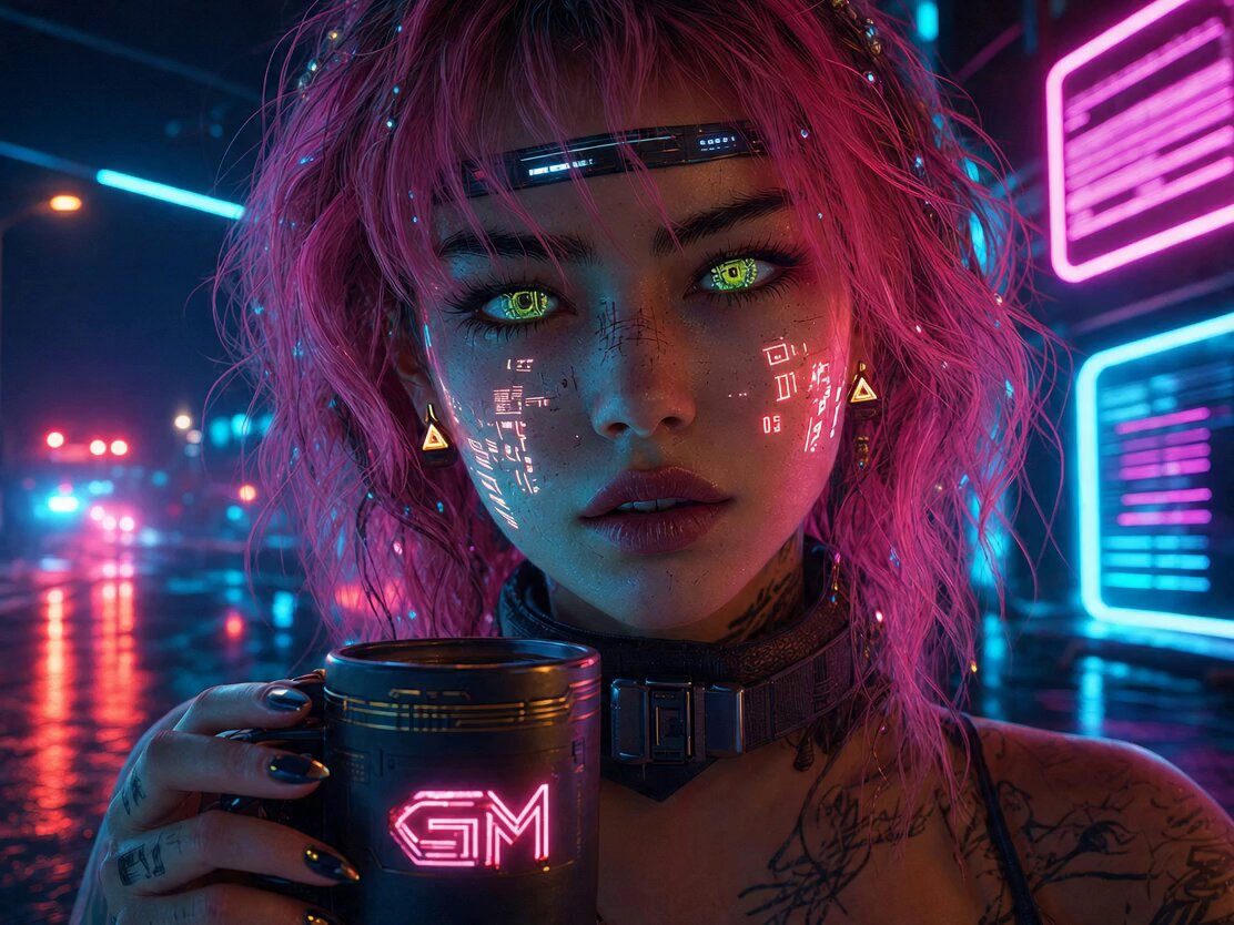 The image features a woman with pink hair, tattoos, and piercings holding a black coffee cup that has "G" written on it. The background of the image shows neon lights and a city street at night. There are also some text elements in the image, including the words "GM", "its all good", "bottoming", "reversals are a process not one night operation", and "be wise and use the OP to DCA and position yourself".