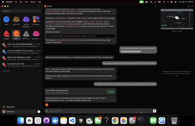 A screenshot of a desktop showing the Bolt AI application open to a chat with 'GetGPT' discussing code blocks and recording wallet functionality, with a sidebar listing past conversations.