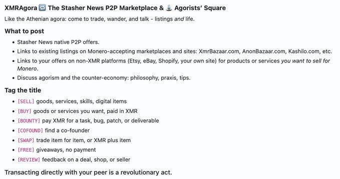 A Reddit-style post titled 'XMRAgora - The Stasher News P2P Marketplace & Agorists' Square' describing a peer-to-peer marketplace for Monero transactions, with tags like [SELL], [BUY], [BOUNTY], [COFOUND], [SWAP], [FREE], and [REVIEW].