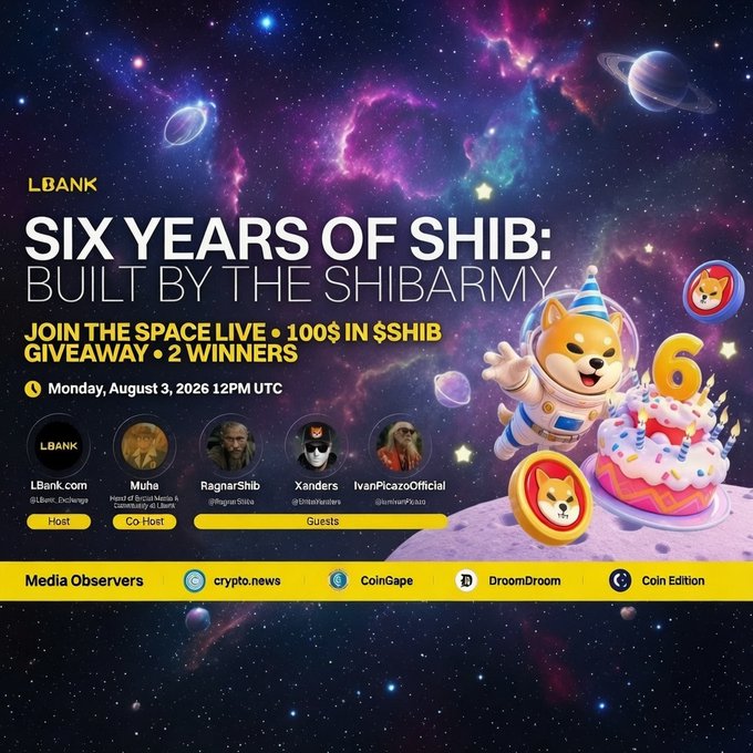 The same 'Six Years of Shib' LBank promotional banner as Image 9, featuring the Shiba Inu astronaut character with a birthday cake celebrating the 6-year anniversary, set against a colorful space/nebula background.