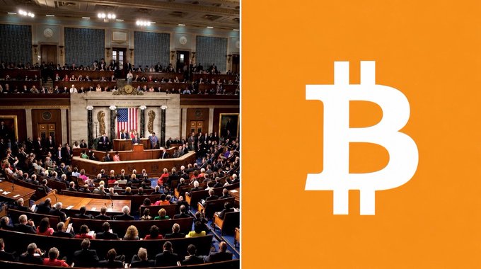 Split image with the left side showing the U.S. House of Representatives chamber filled with people, and the right side displaying the orange Bitcoin logo with a white "B" symbol.