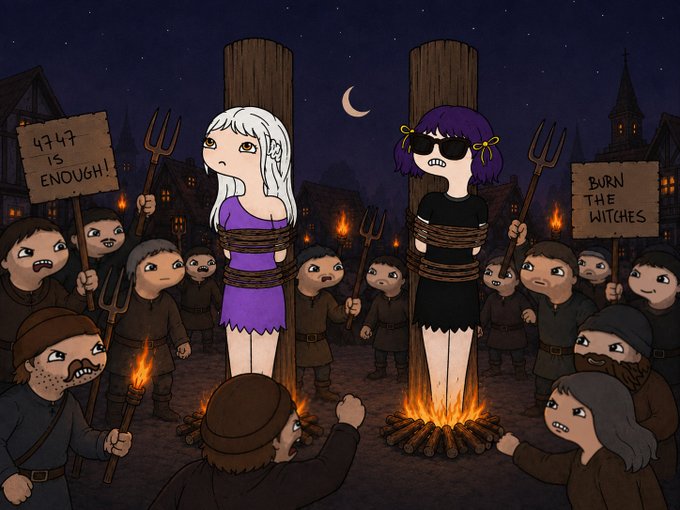 A cartoon illustration shows two women tied to wooden stakes at night, surrounded by a torch-bearing mob holding signs reading '4747 IS ENOUGH!!' and 'BURN THE WITCHES', with bonfires at their feet.