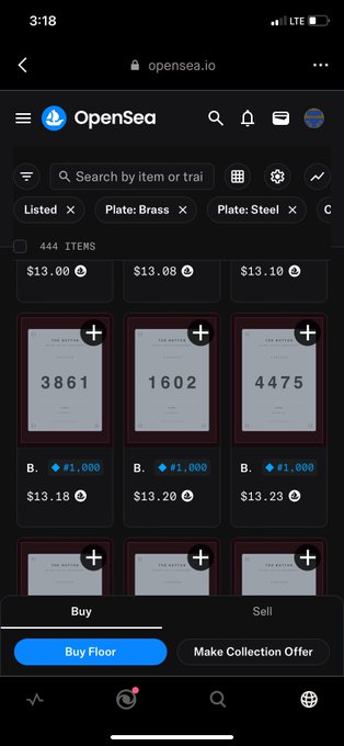 A screenshot of an OpenSea NFT marketplace showing 444 items listed for "The Button Presser" collection, with floor prices ranging from $13.08 to $13.23 for Brass and Steel plater variations. The post celebrates a major announcement from the project's founder that secondary sales will have benefits, urging viewers to buy ASAP before prices "go parabolic."