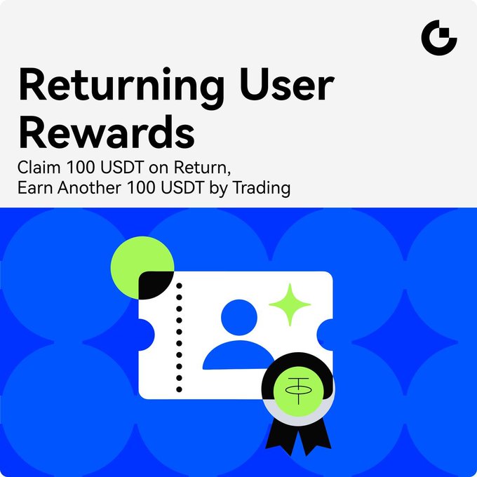 A promotional graphic for a "Returning User Rewards" campaign, featuring a stylized ticket illustration with a person icon and USDT badge on a blue patterned background. The image highlights the offer of claiming 100 USDT upon return and earning an additional 100 USDT through trading, matching the campaign details in the accompanying post.