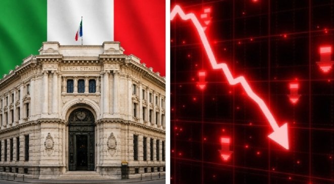 A split image shows the Bank of Italy building with the Italian flag above it on the left, and a red downward-trending arrow representing a stock or financial market decline on the right—visually illustrating the post's report about Italy's largest bank cutting a major crypto position and the resulting market reaction.