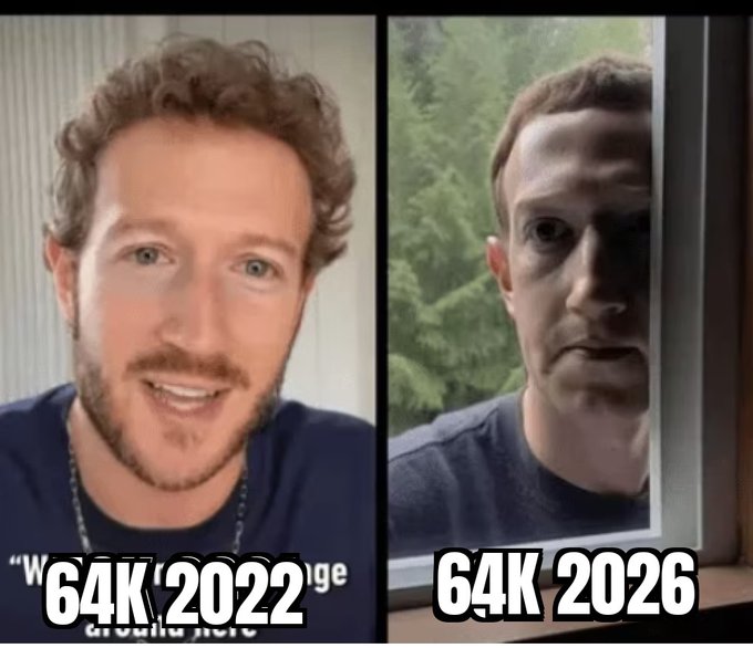 A side-by-side comparison meme labeled '64K 2022' features a young, smiling man, while '64K 2026' shows a much older, grimmer version of the same man peering through a window.