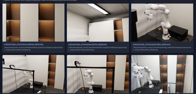 A grid of six monitoring camera views showing a white robotic arm in various positions within a room, with overlay text including file paths like '/outputs/isaac_v2/previews/cabinet_detail.png', 'ceiling_detail.png', and 'robot_detail.png'.
