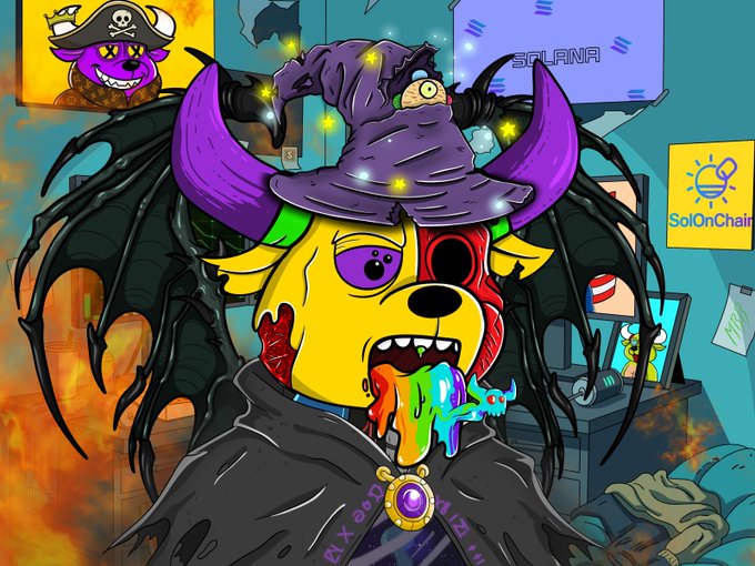 A cartoon illustration of a yellow dog-like creature wearing a wizard hat with a purple eye and horns, featuring a rainbow tongue, displayed against a background with 'SPLANA' and 'SolOnChain' logos.