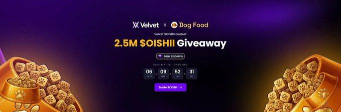 A promotional banner for a "2.5M $OISHI Giveaway" co-hosted by Velvet and Dog Food, with bowls of treats and a countdown timer.