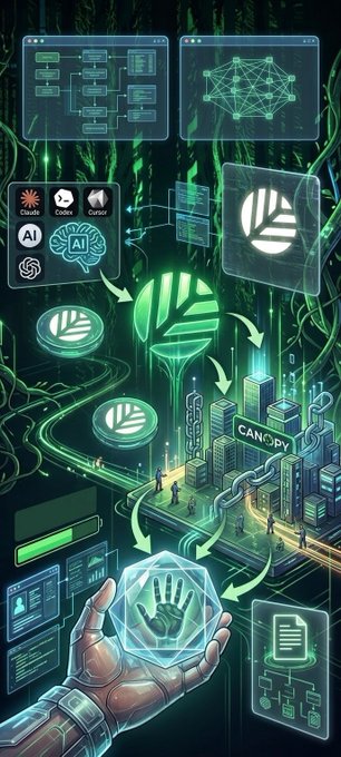 A futuristic digital illustration depicting AI and blockchain technology, featuring holographic interfaces, the 'CANOPY' logo, and a hand holding a glowing icosahedron with a hand symbol.