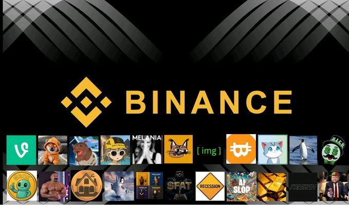 A graphic featuring the Binance cryptocurrency exchange logo, surrounded by wings, displayed above a grid of various crypto meme coin icons including MELANIA, BTC, DOGE, and others.