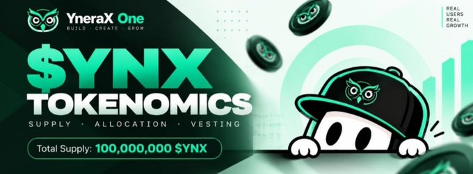 A banner for 'YneraX One' promoting '$SYNX TOKENOMICS' with the tagline 'BUILD - CREATE - SHOW', showing a total supply of '100,000,000 $YNX' and a cartoon owl mascot wearing a green cap.