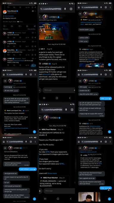 The image is a collage of multiple screenshots from a Twitter/X mobile interface, displaying a conversation thread between users "mbgnetworkfnf," "x.com/Michael4959556," and "vibgg.deez," discussing NFTs, particularly a "MBS Pearl Market" collection on Solana. The tweets reference game-related events like "red mushroom," "pickaxe," "slime," "Goblin," "orcs," "dragons," and items such as "lamp dust," "necklace," "ring," and "mythic swords," along with mentions of "$PRL," "PUBG," "CS:GO," and "GTA." One screenshot features an in-game pixel art scene of a tavern. The post expresses disappointment toward "flowdeez" and "mbgnetworkfnf," claiming the group was initially sold for 0.5 SOL lifetime, and that they previously received PRL fees for minting but lost trust afterward. The image supports this