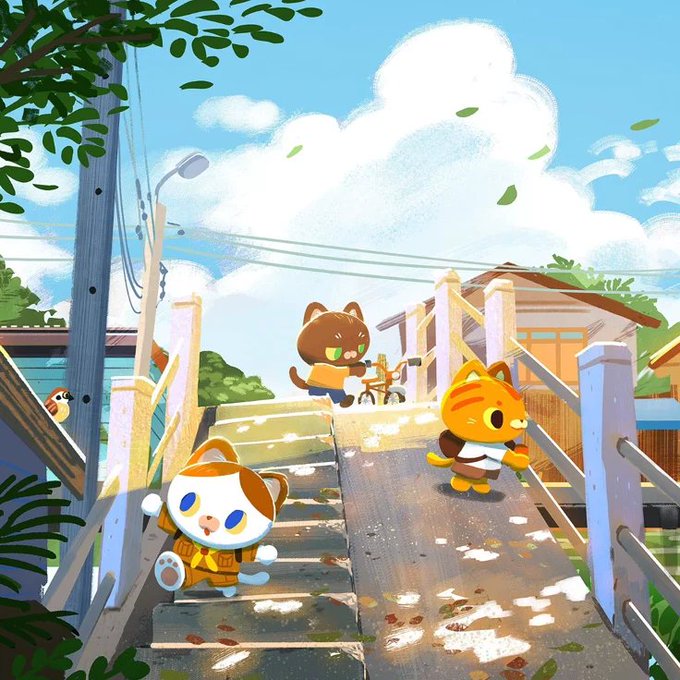 The image features a cartoon scene of three cats walking up a flight of stairs. The first cat has a yellow shirt, while the other two have brown shirts. They are all heading towards a house at the bottom of the stairs. In addition to the cats, there is also a bird visible in the background.