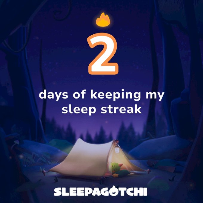 A promotional graphic for an app called "Sleepagotchi," showing a "2" day streak for sleep with a stylized illustration of a tent in a nighttime forest.