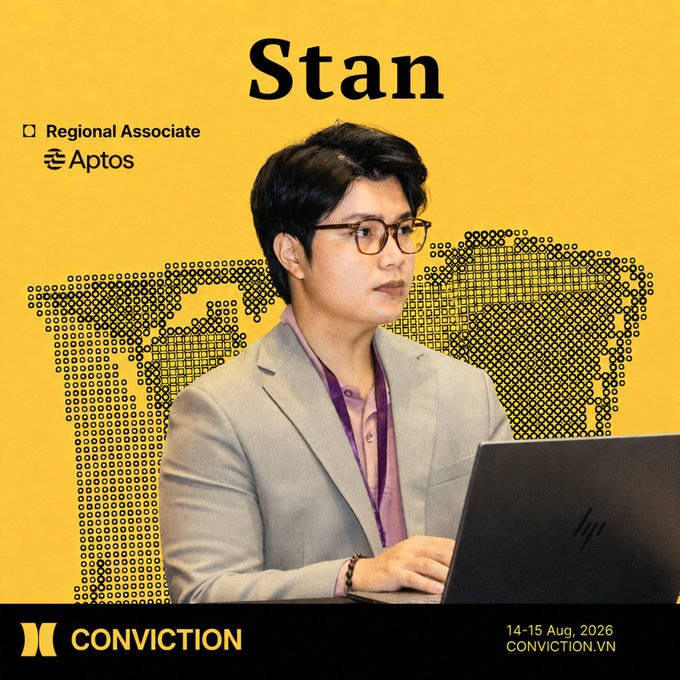 Event promotional image for CONVICTION 2026 (14-15 Aug) featuring speaker 'Stan', Regional Associate at Aptos, working on an HP laptop against a yellow background with a world map graphic.