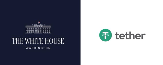 A split image showing "THE WHITE HOUSE WASHINGTON" logo on a dark blue background on the left, and the Tether (USDT) logo on a white background on the right.
