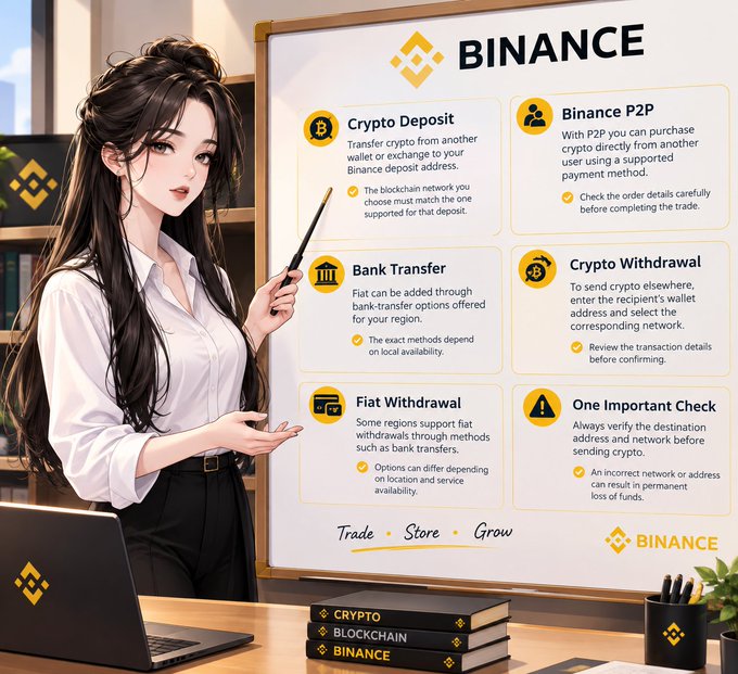 An anime-style woman stands beside an infographic explaining Binance services, including 'Crypto Deposit,' 'Binance P2P,' 'Bank Transfer,' 'Crypto Withdrawal,' 'Fiat Withdrawal,' and 'One Important Check,' with the slogan 'Trade · Store · Grow'.