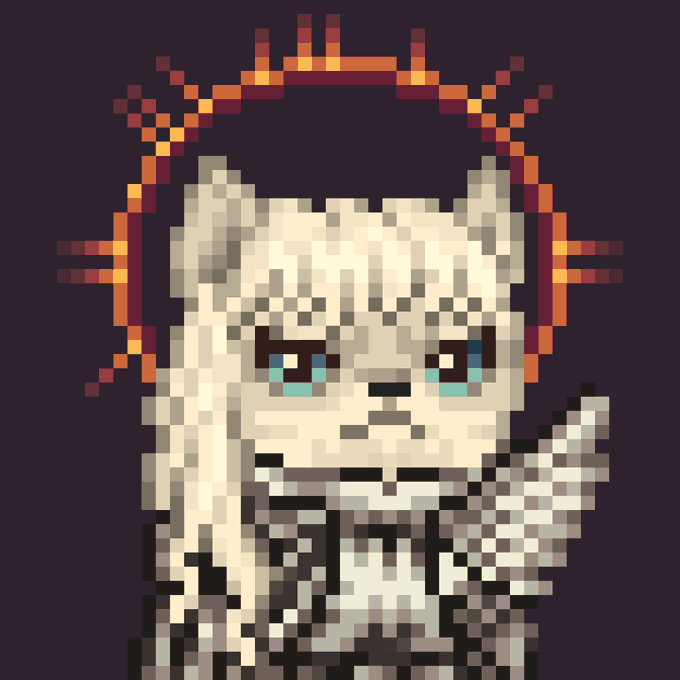 Pixel art of an anime-style character with long cream-colored hair, blue eyes, and an orange/yellow pixelated crown or halo above their head against a dark purple background. The character appears to be holding something dark and patterned in the foreground.