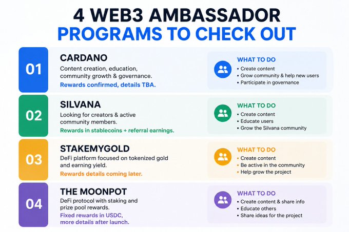An infographic listing '4 Web3 Ambassador Programs To Check Out': 01 Cardano, 02 Silvana, 03 Stakemygold, and 04 The Moonpot, each with action items for participants.
