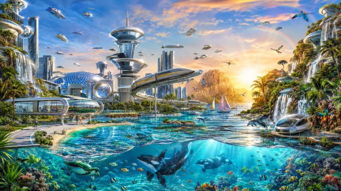 A futuristic utopian cityscape featuring advanced skyscrapers, flying vehicles, waterfalls, and lush greenery, with an underwater view of an orca, dolphins, and tropical fish below.