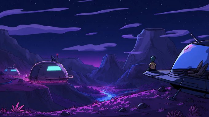 A cartoon illustration of an alien landscape at night with domed spaceships, a figure sitting on a cliff, and purple-hued terrain under a starry sky.