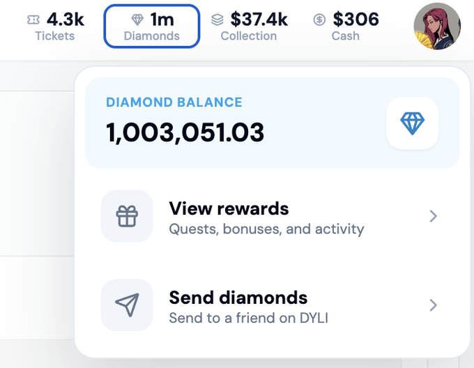 A user account dashboard on what appears to be the DYLI platform showing 4.3k Tickets, 1m Diamonds, $37.4k Collection, and $306 Cash, with a Diamond Balance of 1,003,051.03 and options to 'View rewards' (Quests, bonuses, and activity) and 'Send diamonds' to a friend on DYLI.