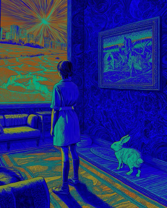 A girl gazes at a vivid orange landscape painting while a green rabbit stands nearby in a blue-patterned room, evoking the surreal, dreamlike aesthetic central to ITIA's art. The image's otherworldly atmosphere and intimate "feels like home" quality align perfectly with the post's description of NFT art that prioritizes emotional depth over hype.