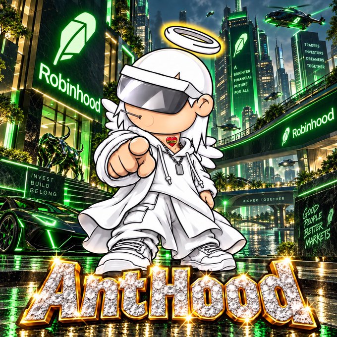 A digital artwork featuring a chibi-style angelic figure in white with a halo and VR headset pointing forward, set against a futuristic cityscape with 'Robinhood' branding, the text 'A BRIGHTER FINANCIAL FUTURE FOR ALL', and the name 'AnathHood' displayed in diamond-studded gold lettering.
