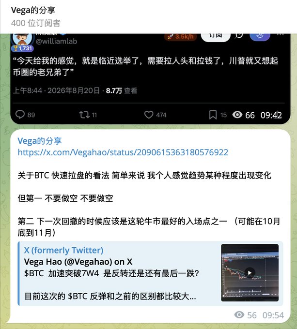 A Telegram channel 'Vega的分享' post discussing BTC's rapid price movement, advising against shorting and suggesting the next pullback (potentially late October to November) could be one of the best entry points of this bull/bear cycle.