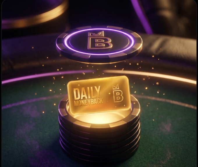 A promotional graphic featuring a glowing purple casino chip with a 'B' logo hovering above a golden chip labeled 'DAILY MONEYBACK' resting on a stack of chips on a green poker table.