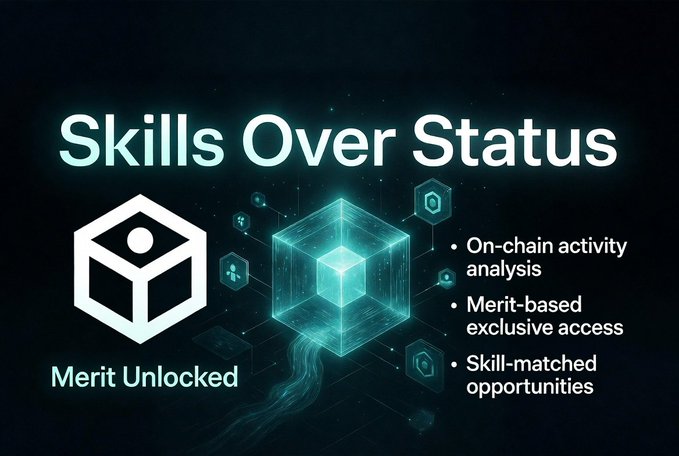 A promotional graphic titled 'Skills Over Status' featuring 'Merit Unlocked' with a glowing cyan cube illustration and bullet points: 'On-chain activity analysis', 'Merit-based exclusive access', and 'Skill-matched opportunities'.