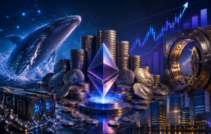 A dramatic digital illustration showing a breaching whale, stacked Ethereum coins with the glowing ETH logo, a bank vault spilling gold, and a rising financial chart against a city skyline at night.
