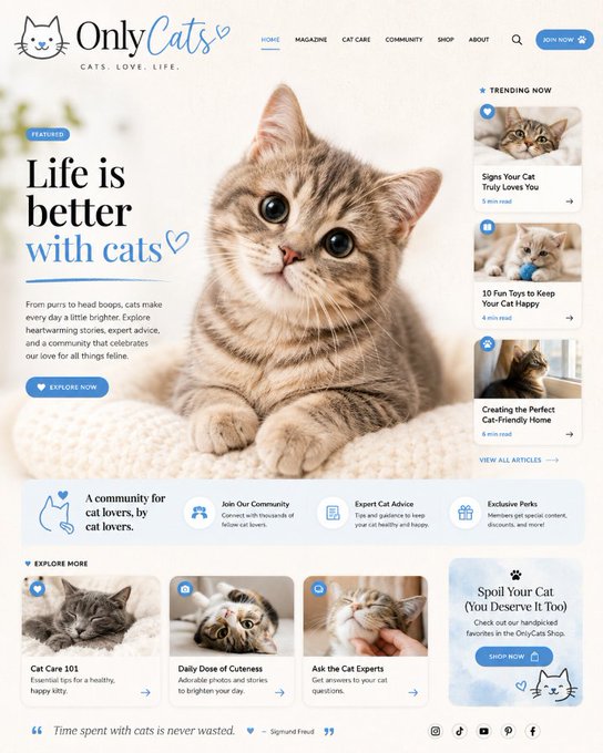 A webpage for 'OnlyCats' magazine featuring a featured article titled 'Life is better with cats' with a large image of a tabby kitten, along with trending articles and community features.