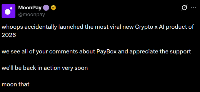 A tweet from MoonPay (@moonpay) reads: 'whoops accidentally launched the most viral new Crypto x AI product of 2026... moon that'.