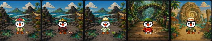 A horizontal sequence of five cartoon penguin characters, each wearing different outfits and accessories, set against tropical beach and jungle backdrops in a pixel-art style.