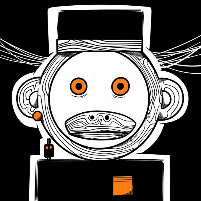 The image features a cartoon-like depiction of a monkey with a face, wearing a hat and glasses. The monkey has orange eyes and a black nose, giving it a unique appearance. It appears to be standing against a stark black background, which contrasts with its colorful attire. The caption below the image reads "Got INKED @inksonchain @giggiart @OnChainMonkey", suggesting that this image is related to an advertisement or promotion for Inked Chain Monkey.
