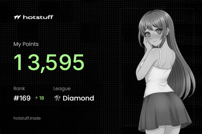 A profile dashboard for 'hotstuff.trade' displaying 13,595 My Points, a rank of #169 with an upward arrow of 18, and a Diamond league status, alongside an illustration of an anime-style girl.