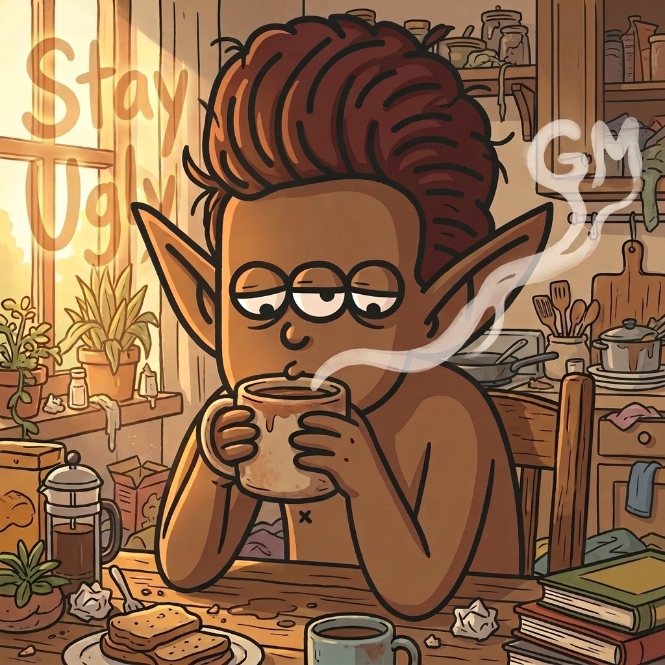 A cartoon illustration of a tired-looking elf or goblin character with pointy ears and a beanie drinking from a mug in a cozy kitchen, with 'Stay Ugly' and 'GM' text overlays.