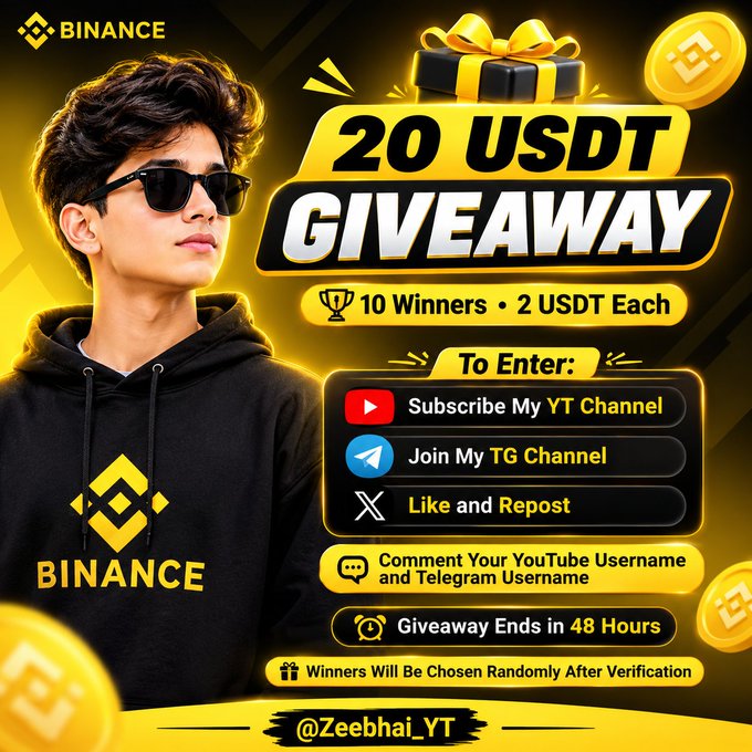 A Binance-branded giveaway graphic featuring a young man in a black hoodie and sunglasses announces a "20 USDT GIVEAWAY" with "10 Winners • 2 USDT Each," instructing entrants to subscribe to the YT channel, join the TG channel, like/repost, and comment their usernames. The post complements the image by revealing the randomly selected winners (after 48 hours) including @Bravo_Degen, @leonardoduko1, @0x_Ridoy, and others, who are instructed to DM with their BSC address to claim their 2 USDT prize from @Zeebhai_YT.
