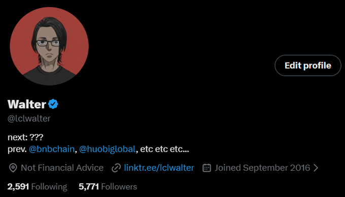 A Twitter profile for Walter (@lclwalter) with a verified blue check, displaying the bio "next: ??? prev: @bnbchain, @huobiglobal, etc etc etc..." alongside 2,591 Following and 5,771 Followers, visually reflecting his announcement of leaving BNB Chain after 4 years while still supporting builders in the crypto space.