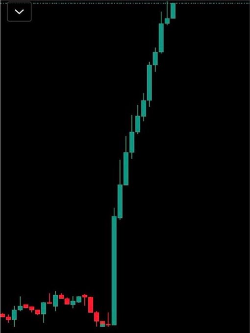 A cryptocurrency candlestick chart displays a sudden, steep vertical surge in green (bullish) candles after a period of flat trading, with the post's image implying this breakout pattern represents the kind of explosive "10000x" move the author is searching for in a memecoin ticker.