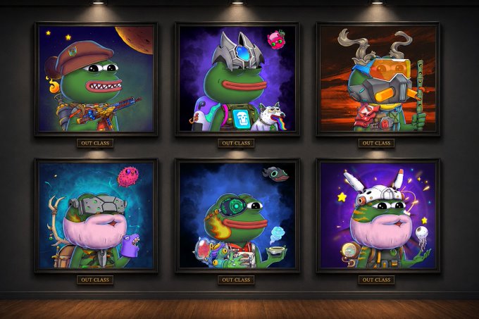 The image features a collection of six unique cartoon frog portraits displayed on a wall with frames around them. The frames are arranged in two rows, showcasing different themes for each row. The first row includes four posters depicting the frogs wearing hats or costumes, while the second row has three posters featuring the same theme but with different colors and styles. The post encourages people to buy these frog-themed items as part of a collection, possibly related to GM exploration or pepe mythology.