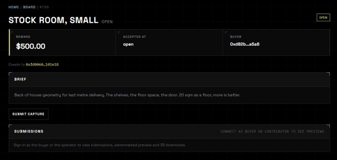 The image shows a bounty board listing for "STOCK ROOM, SMALL" (#738) with a $500.00 reward, accepted at the "open" tier by buyer "0xd82b...a5a8," indicating the bounty is open for submissions. This illustrates the escrow system described in the post, where the $500 payout is locked in USDC on Base before any clip is recorded, with the contributor set to receive the reward minus a 10% platform fee and ~$5 reconstruction cost upon acceptance.
