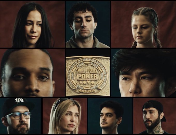 Nine poker players are featured in individual grid panels with a golden WSOP (World Series of Poker) championship belt buckle in the center, promoting the WSOP x Solana Showdown event starting in 15 minutes on the @Solana X account.